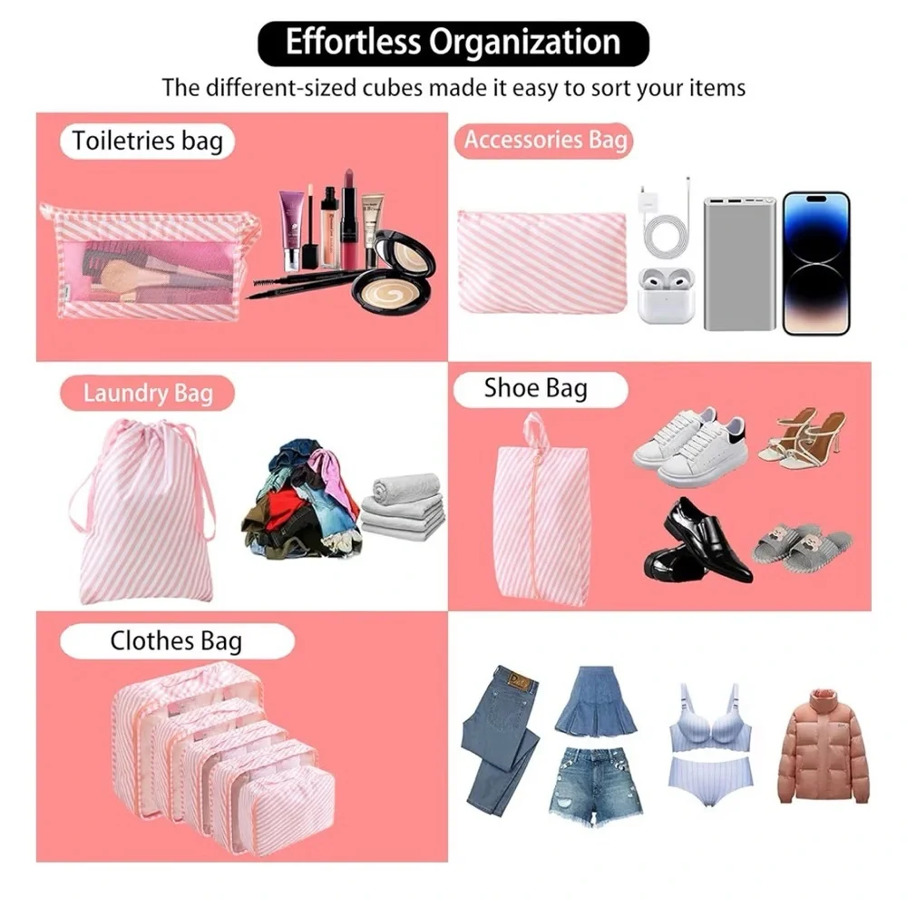 NWT (9) Piece Compression Packing Cubes Pink and White Garment Bags Set